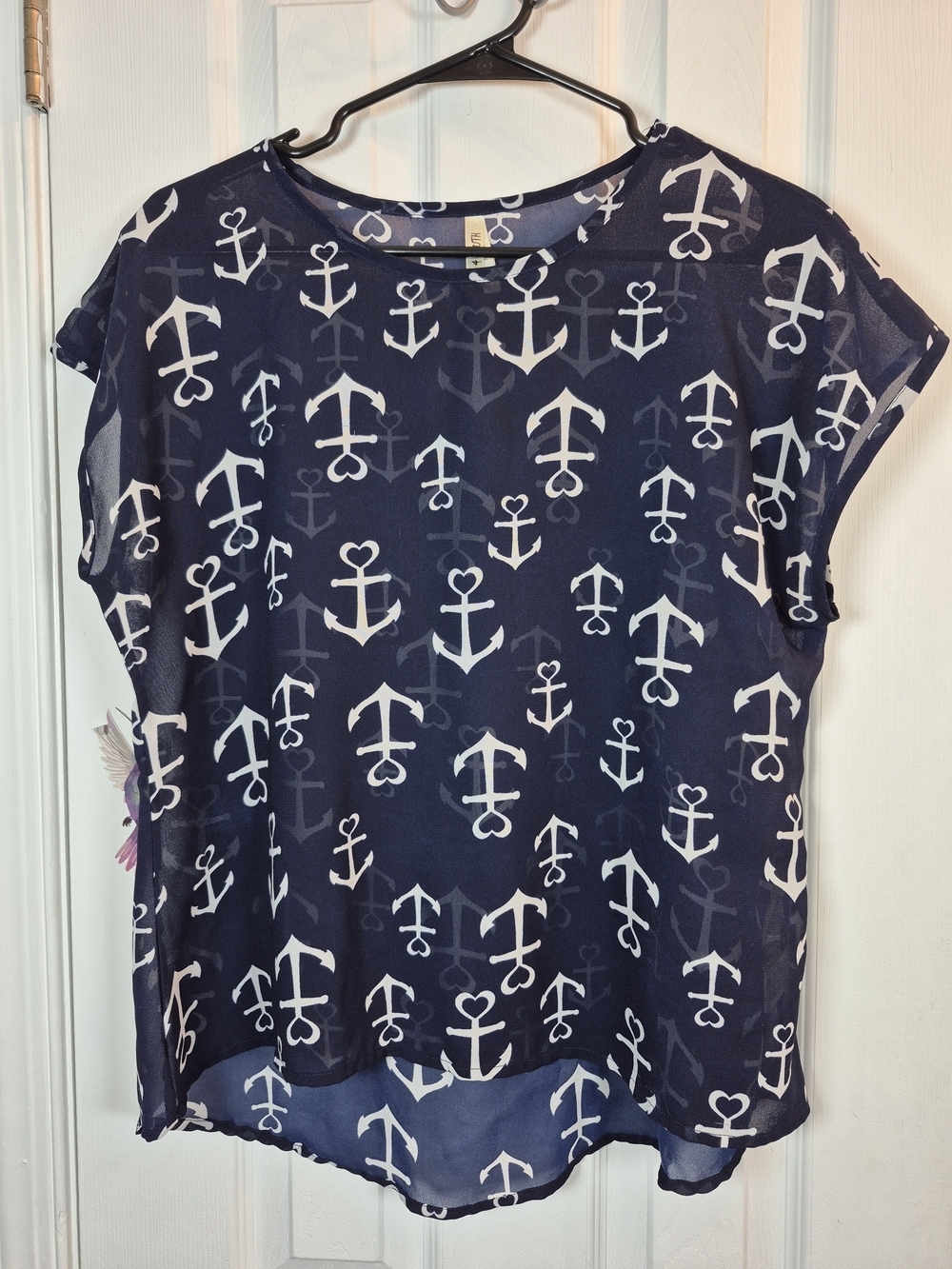 Navy White Anchor Heart Print Short Sleeve Nautical Beach Blouse Large